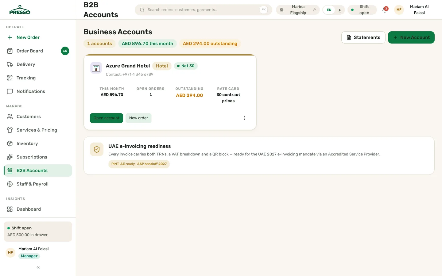 Presso B2B hotel accounts screen showing contract rate cards, credit terms and a consolidated monthly tax invoice in AED