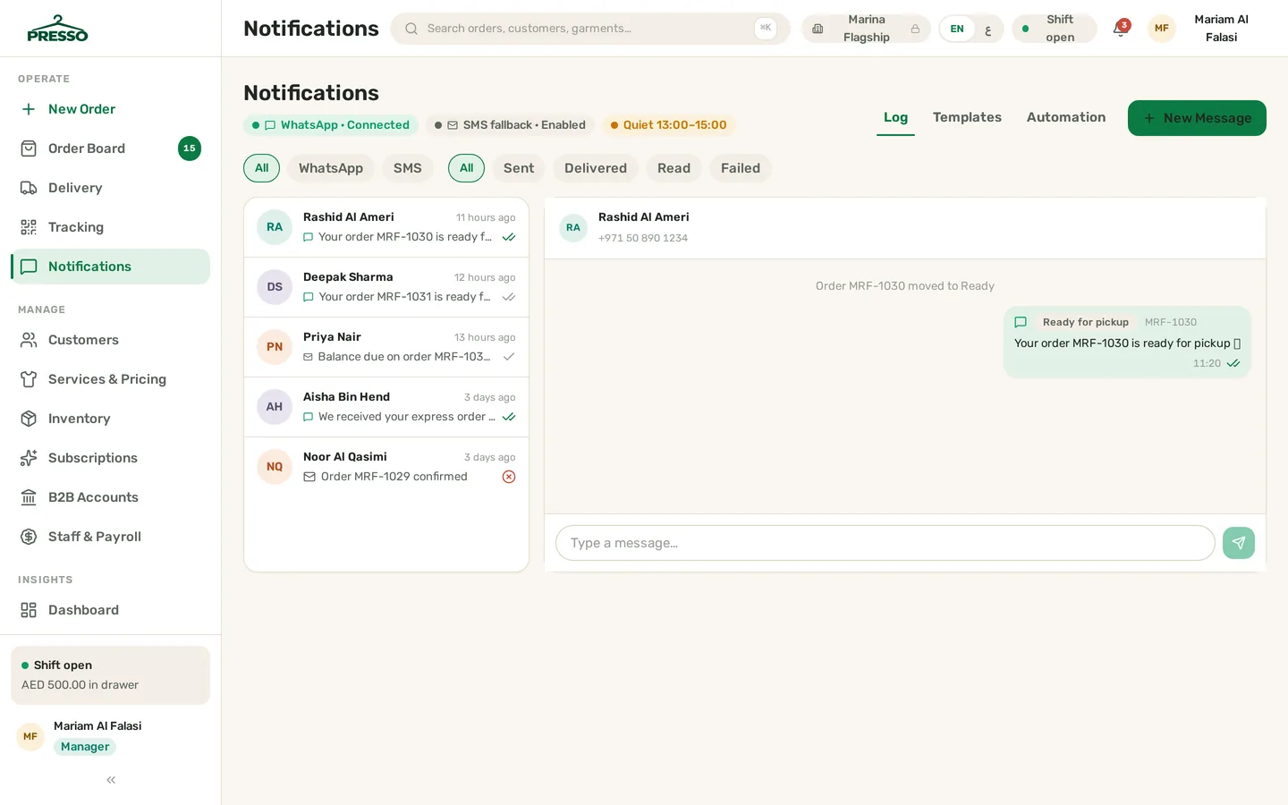Presso notification center showing templated WhatsApp and SMS laundry order updates in English and Arabic, each logged against its ticket