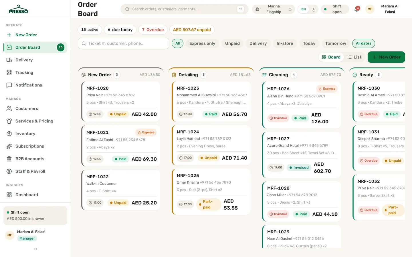 Presso order-status board showing laundry tickets moving through New, Detailing, Cleaning, Ready and Out-for-delivery stages