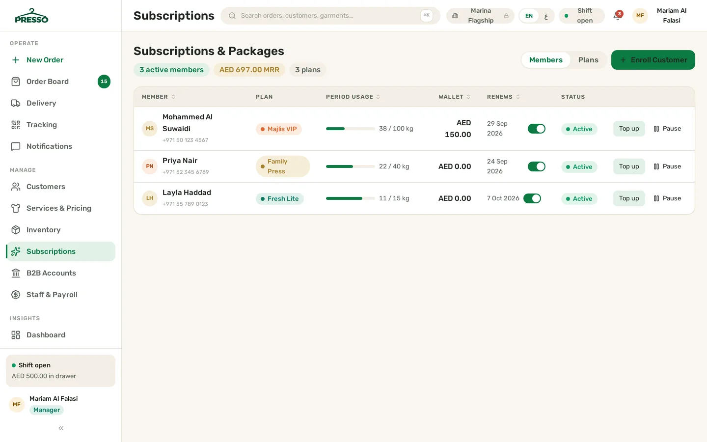 Presso subscriptions screen showing a prepaid 40 kg per month laundry plan with remaining kilogram balance and a customer wallet credit in AED